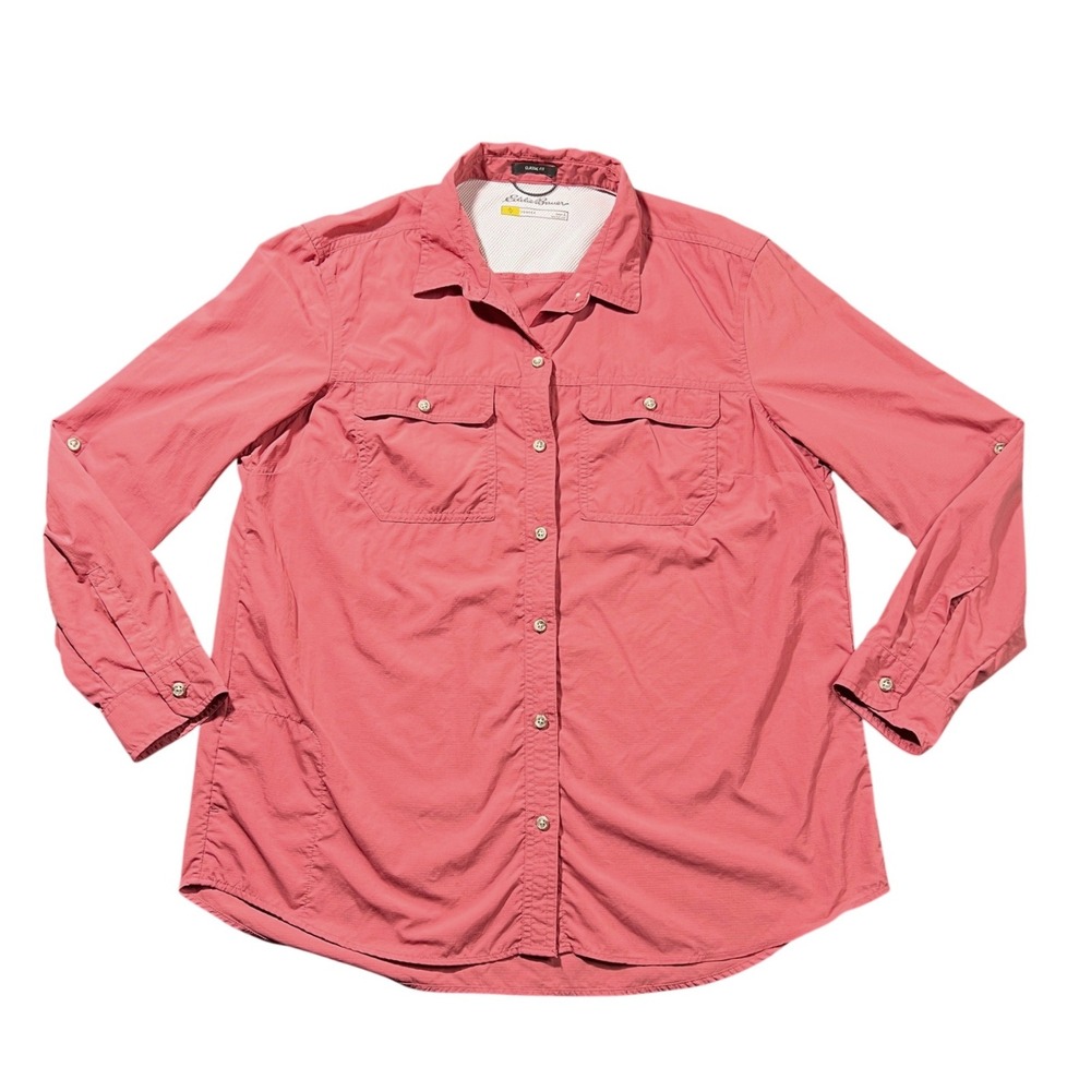 Eddie Bauer Travex Women's Large Pink Roll Tab Sleeve‎ Nylon Button Down Shirt